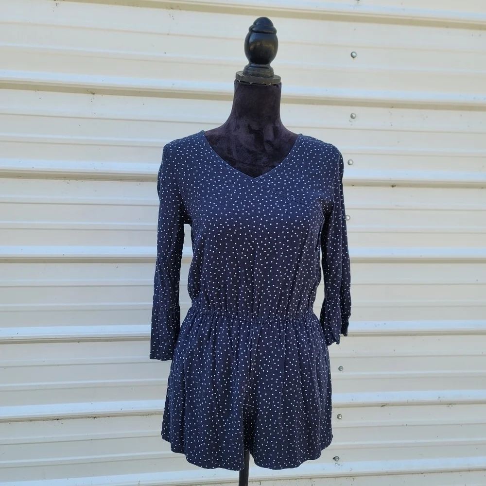 Abercrombie Kids Girls Navy White Long Sleeve Polka Dot Romper Keyhole Sz 15/16